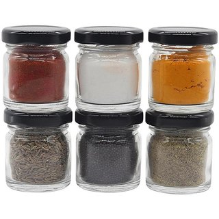 Glazzure Cute 50 ml Airtight Glass Jar Containers for Honey, Spices  other Kitchen Items with Rust Proof Black Caps  Set of 6 pcs