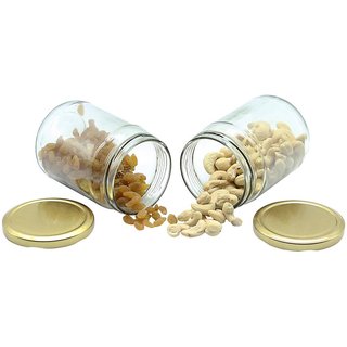 Glazzure Cute 550 ml Airtight Glass Jar Containers for Dry Fruits, Spices  other Kitchen Items with Rust Proof Golden Color Caps  Set of 2 pcs