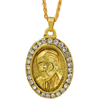                       MissMister 24KT Yellow Gold Plated, CZ Studded, 3D Shirdi Sai Baba Chain Pendant Hindu God Temple Jewellery                                              