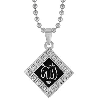                       MissMister Silver Plated, Kite Shaped, Black Enamel, Allah Word, Islamic, Muslim Chain Pendant Men, Women                                              
