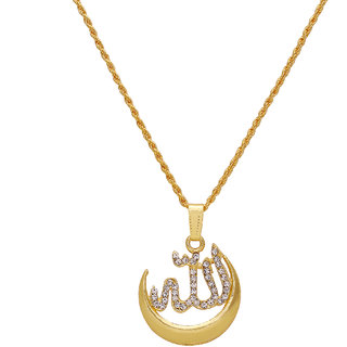                       MissMister Gold Plated Half Moon Crescent with Allah Word CZ Studded Chain Pendant Necklace mulsim Jewellery for Men/Women                                              