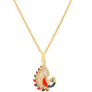                       MissMister Gold Plated CZ Meenakari Rich and Festive Colourful Peacock Shape Chain Pendant Ethnic Necklace Jewellery for Women                                              