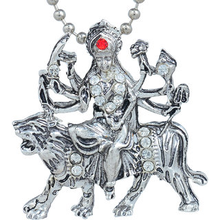                       MissMister Temple Jewellery Hindu God Oxidised Antique Silver Finish Silver Plated, Durga, Sherawali Mata, Chain Pendant for Men and Women                                              
