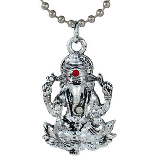                       MissMister Silver Plated Vintage Look Antique Finish Sitting Ganesh Ganpati Vinayak Chain Pendant Locket Jewellery Necklace, for Men and Women                                              