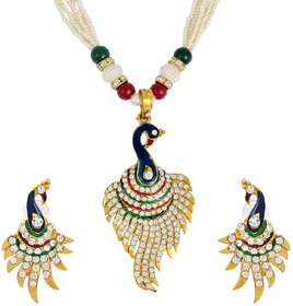 MissMister Gold plated Kundan and Meenakari AD studded full bloom vibrant Peacock locket chain Pendant  Earring Set, necklace jewellery for Women