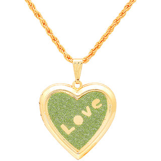                       MissMister Gold Plated Green Drussy Foil, Love Embossed, openable Heart Locket Pendant                                              