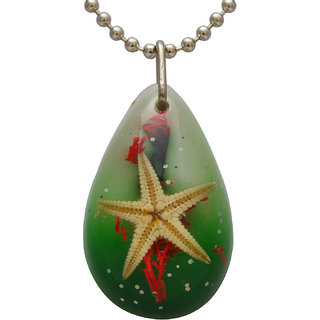                       MissMister Acrylic Aquarium Starfish Design, Green Colour Chain Pendant Locket Necklace Jewellery for Men Women Boys Girls Silver Crystal                                              