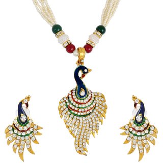                       MissMister Gold plated Kundan and Meenakari AD studded full bloom vibrant Peacock locket chain Pendant  Earring Set, necklace jewellery for Women                                              