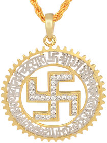 MissMister Gold plated CZ studded Swastik  Gayatri Mantra Diamond look Round chain pendant necklace jewellery for Men and Women