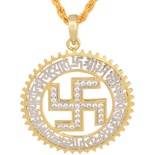                       MissMister Gold plated CZ studded Swastik  Gayatri Mantra Diamond look Round chain pendant necklace jewellery for Men and Women                                              