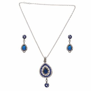                       MissMister Silver Plated Sparkling Ink Blue Crystals, with White CZ and Pearls Fashion Pendant Set Necklace Jewellery for Women                                              