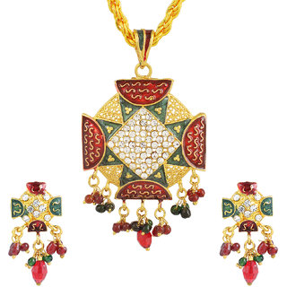                       MissMister Gold plated CZ studded Vibrant Meenakari Gujarat special big locket, chain pendant necklace Jewellery set for Women                                              
