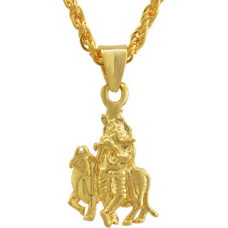                       MissMister Gold plated Goverdhan Kamdhenu Krishna chain pendant Hindu God Men Women temple jewellery stylish                                              