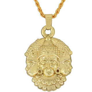                       MissMister Gold plated, Teen mukhi (Tri-mukhi), Hanuman Bajrang bali pendant latest stylish Hindu God necklace temple jewellery Men women                                              