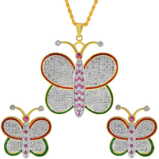                       MissMister Gold Plated Brass, CZ and Meenakari Butterfly Design Fashion Pendant Women Latest                                              