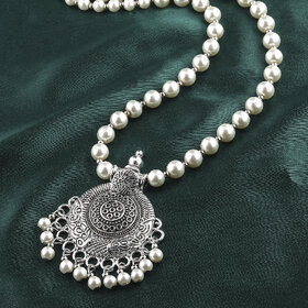 SILVERSHINE silverplated Designer traditional Long Pearl Drop Round pendant Necklace set for women Jewellery set