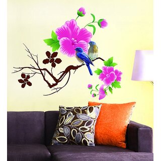 Eja Multicolor Other Floral Living Room Wall Sticker Design Blue Birds With Pink Flowers (65x70 Cm) (No of Pieces 1)