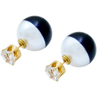                       MissMister Elegant Double Sided Glossy Big Pearl Bubbles Black and White Round Stud CZ Earring Girl and Women                                              