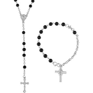                       MissMister 9 mm Black Catholic Christian Prayer Rosary Bead Non-Precious Metal Mala Necklace and Bracelet Jesus Combo Jewellery for Men and Women                                              