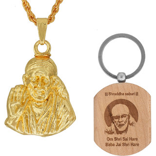                       MissMister Brass Gold Plated, Shirdi Sai Baba Chain Pendant & Keyring Combo, Accessory Sai Baba, Hindu God Combo Jewellery                                              