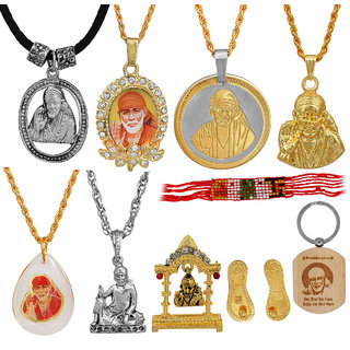                       MissMister Gold and Silver Plated Brass, Combo of 10 Pcs, Shirdi Sai Baba Pendants and Articles, Hindu God Temple Jewellery Whole Family Combo Best                                              