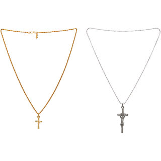                       MissMister Combo of One Gold Plated and Silver Plated Non-Precious Metal Jesus Christ Crucifix Christian Chain Pendant Necklace for Men and Women                                              