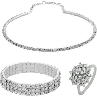                      MissMister White Brass Combo of CZ Solitaire Look Single Liner Choker Necklace, Triple Stretch Bracelet and Broad Adjustable Ring for Women                                              