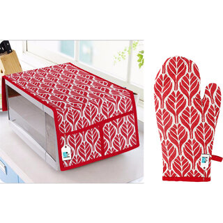DECOTREE Combo Set of Cotton Microwave Oven Top Cover with 4 Pockets and 1 Pc Cotton Microwave Oven Gloves (Red, 2 Pcs Set)
