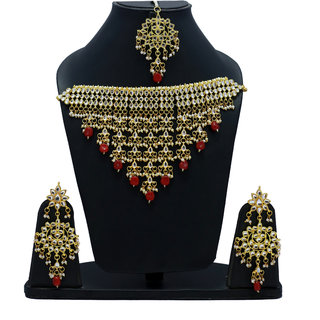 NUHA Fashion Jewelry Gold Plated Kundan Pearl FancyTraditional Jewellery Set with Earrings tikka for Women Girls