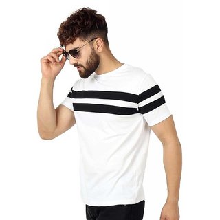 Attitude Jeans Striped Men Round Neck T-Shirt (White)