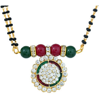 MissMister Gold plated Brass CZ Faux Ruby and Emerald colour Beaded Sudded Fashionable Mangalsutra Tanmaniya necklace jewellery for Women