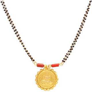                       MissMister Gold Plated Brass Coin Shape Laxmi Image Engraved with red coral bars Ethnic Traditional Mangalsutra Necklace Jewelry for Women                                              