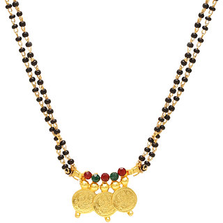                       MissMister Gold Plated Brass Red Green CZ Studded 3 Lakshmi Coin Ginni with 2 line black beaded Traditional Mangalsutra Jewellery Necklace for Women                                              