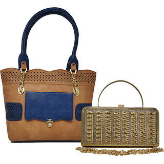 RISH Combo of Handbag and Clutch for Women - Brown, Blue ; Gold