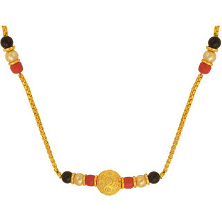                       MissMister Gold Finish Brass Coral Pearl and Black Onyx Long Suhagan Traditional Fashion Chain Necklace for Women                                              