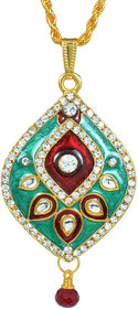 MissMister Gold Plated CZ Studded, Green and Red Meenakari with Kundan, Pear Shape, Chain Pendant Ethnic Necklace Jewellery for Women