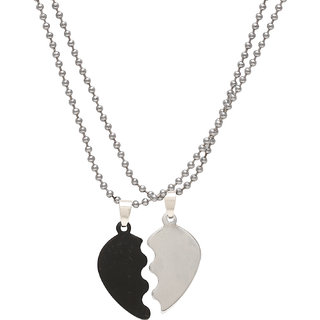                       MissMister Stainless Steel, Two Flat Parts, Half Black Plated and Half Silver Plated Split heartshape Chain Pendant Necklace Jewellery for Men and Women                                              