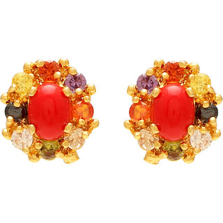                       MissMister Gold plated Brass Faux Ruby Colourful CZ Studded handmade Designer Stylish stud earrings for Women girls                                              
