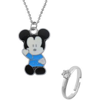                       MissMister Brass Blue Coloured Micky Mouse Disney Pendant Girls Kids with Silver Plated Solitaire Free Size Ring Kids Jewellery                                              