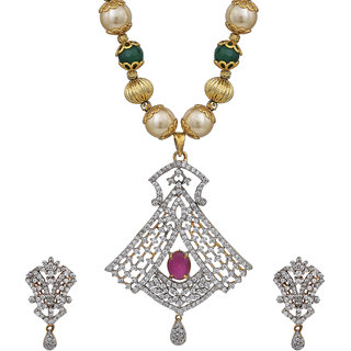                       MissMister Gold Plated Brass, Faux Bruma Ruby, Imitation Diamond, Pearl Bead Studded Fashion Necklace Set Women                                              
