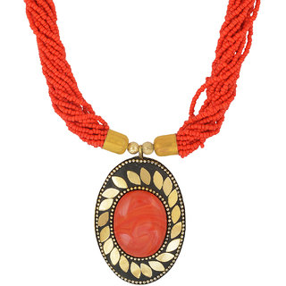                       MissMister Gold Finish Brass Oval Shape Red Cora Fashion Necklace Latest Tibetan Jewellery for Women                                              