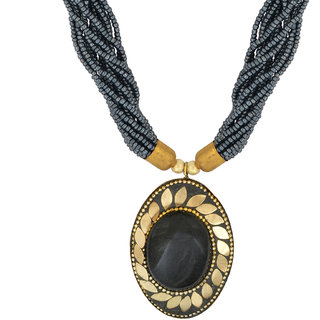                       MissMister Gold Finish Brass Oval Shape Hematite Stone Fashion Necklace Tibetan Jewellery for Women                                              