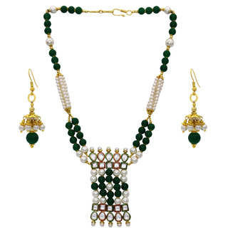                       MissMister Gold Plated Brass White and Green Pearls Studded, Rani Haar with matching earrings necklace set Women Girls Traditional Ethnic                                              