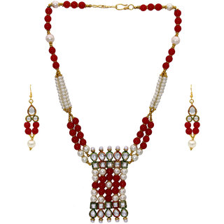                       MissMister Gold Plated Brass White and Red Pearls Studded, Rani Haar with matching earrings Designer necklace set for Women Girls                                              