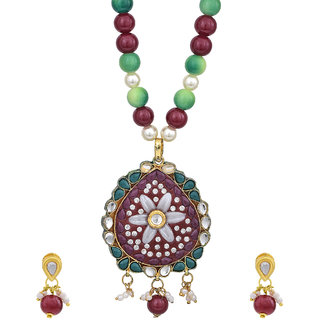                       MissMister Gold Plated Brass Faux Ruby Emerald Studded, Thewa Look Ethnic Necklace Set for Women                                              
