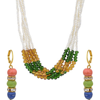                       MissMister Multi Strand Necklace, Mixed Coloured Stones With White Pearls Designer Necklace Set for Women                                              