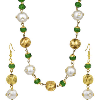                       MissMister Gold Plated Brass Pearls,Yellow Bead Ball and Green Crystals Single Strand Fashion Necklace Set for Women                                              