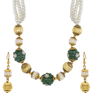                       MissMister Gold Plated BrasscWhite Pearls and Green CZ Beads ball, Fashionable Necklace Set for Women New Design                                              