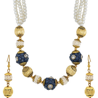 MissMister White Pearls, Golden Bead and Facetted Blue Sapphire Crystals,Necklace Set Women Fashion