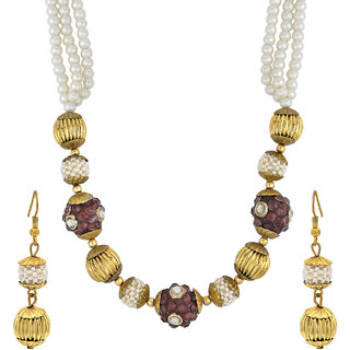                       MissMister Gold Plated Brass White Pearls and Brown CZ Beads ball, Fashionable Necklace Set for Women New Design                                              